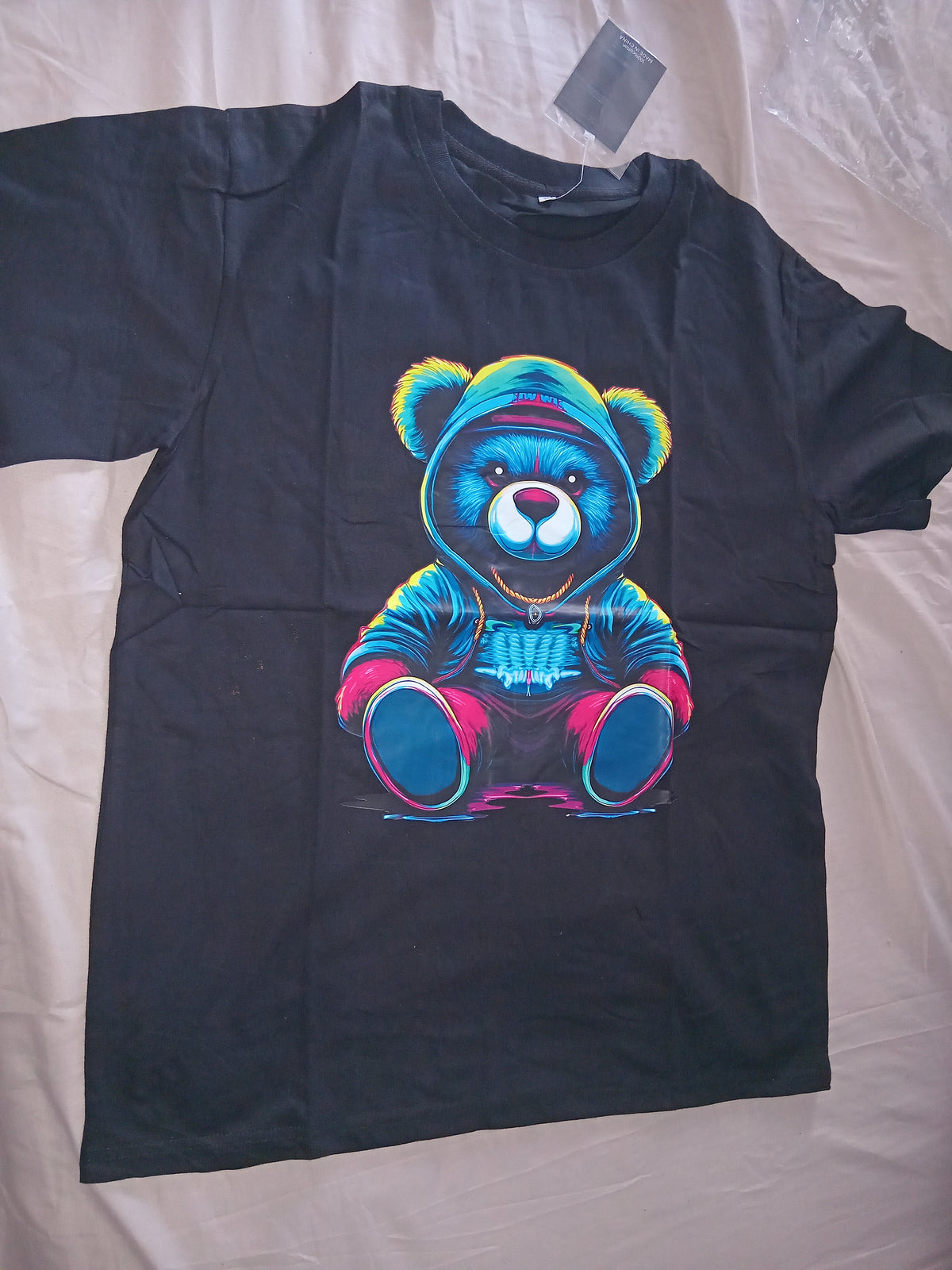 Cyberpunk Neon Hoodie Bear Graphic Streetwear T-Shirt - Black