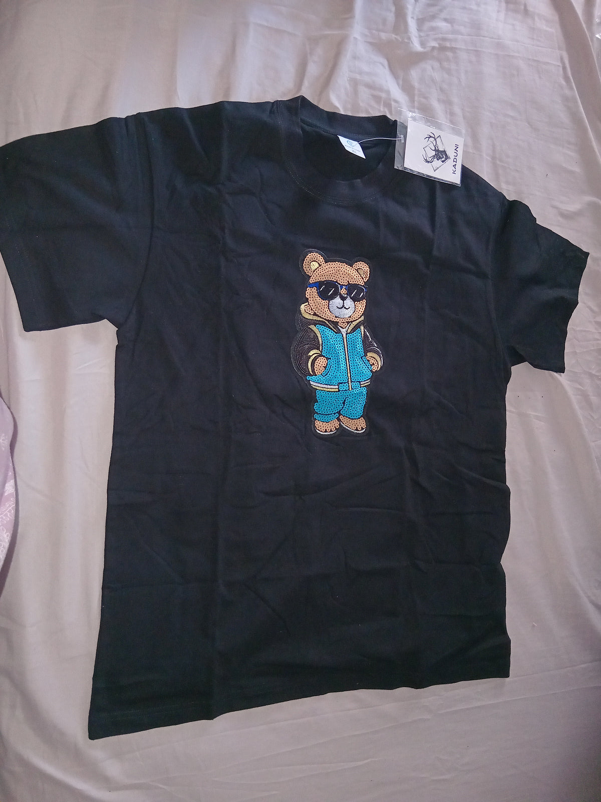 Retro Tracksuit Teddy Bear Graphic Streetwear T-Shirt - Black