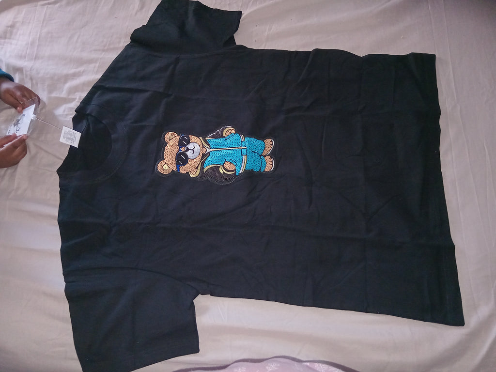 Retro Tracksuit Teddy Bear Graphic Streetwear T-Shirt - Black