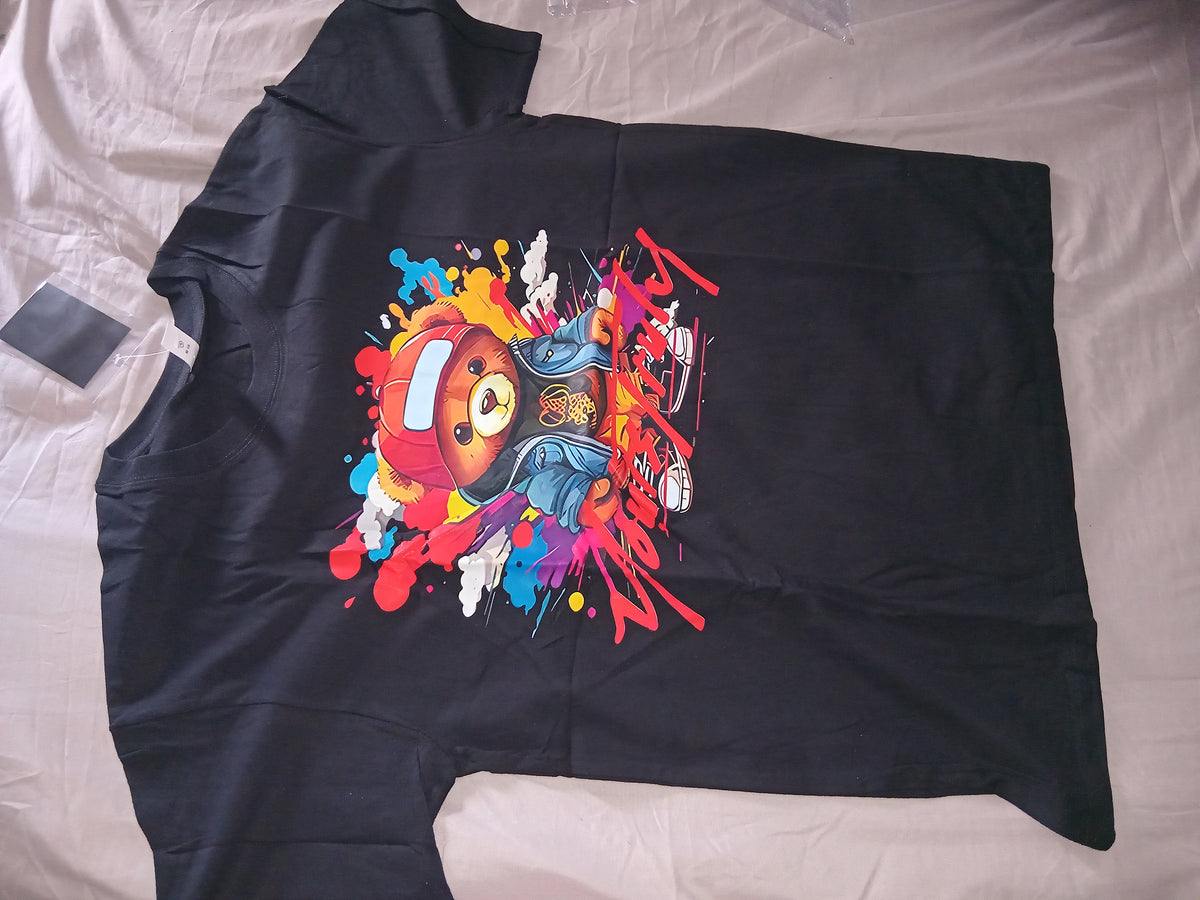 Urban Hip-Hop "Drippy Bear" Graphic Streetwear T-Shirt - Black