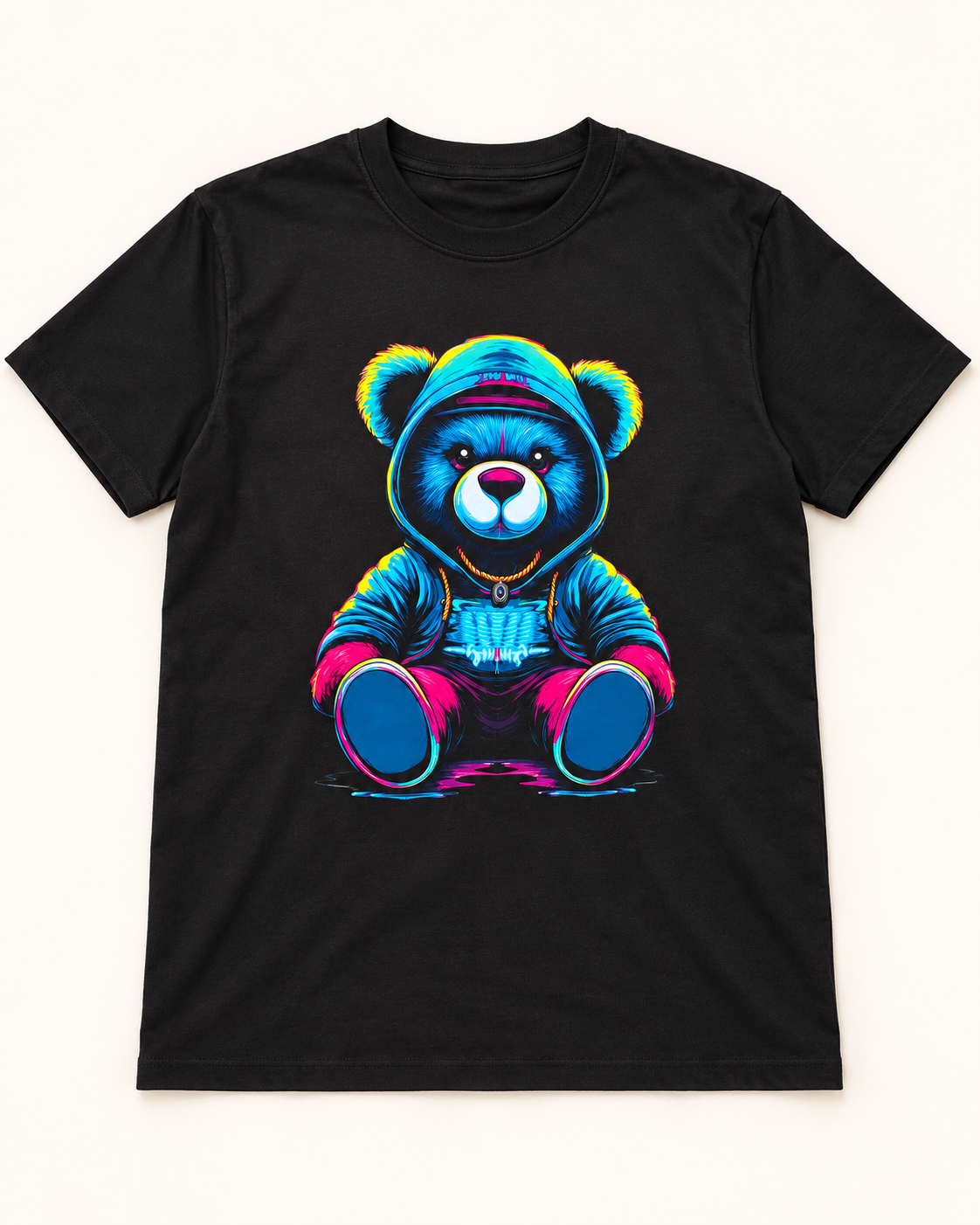 Cyberpunk Neon Hoodie Bear Graphic Streetwear T-Shirt - Black