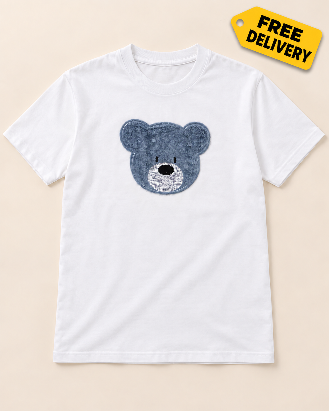 Minimalist Blue Teddy Bear Face Graphic Streetwear T-Shirt - White