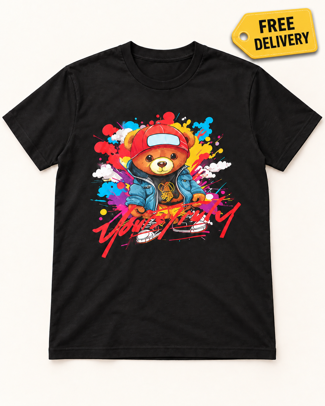 Urban Hip-Hop "Drippy Bear" Graphic Streetwear T-Shirt - Black
