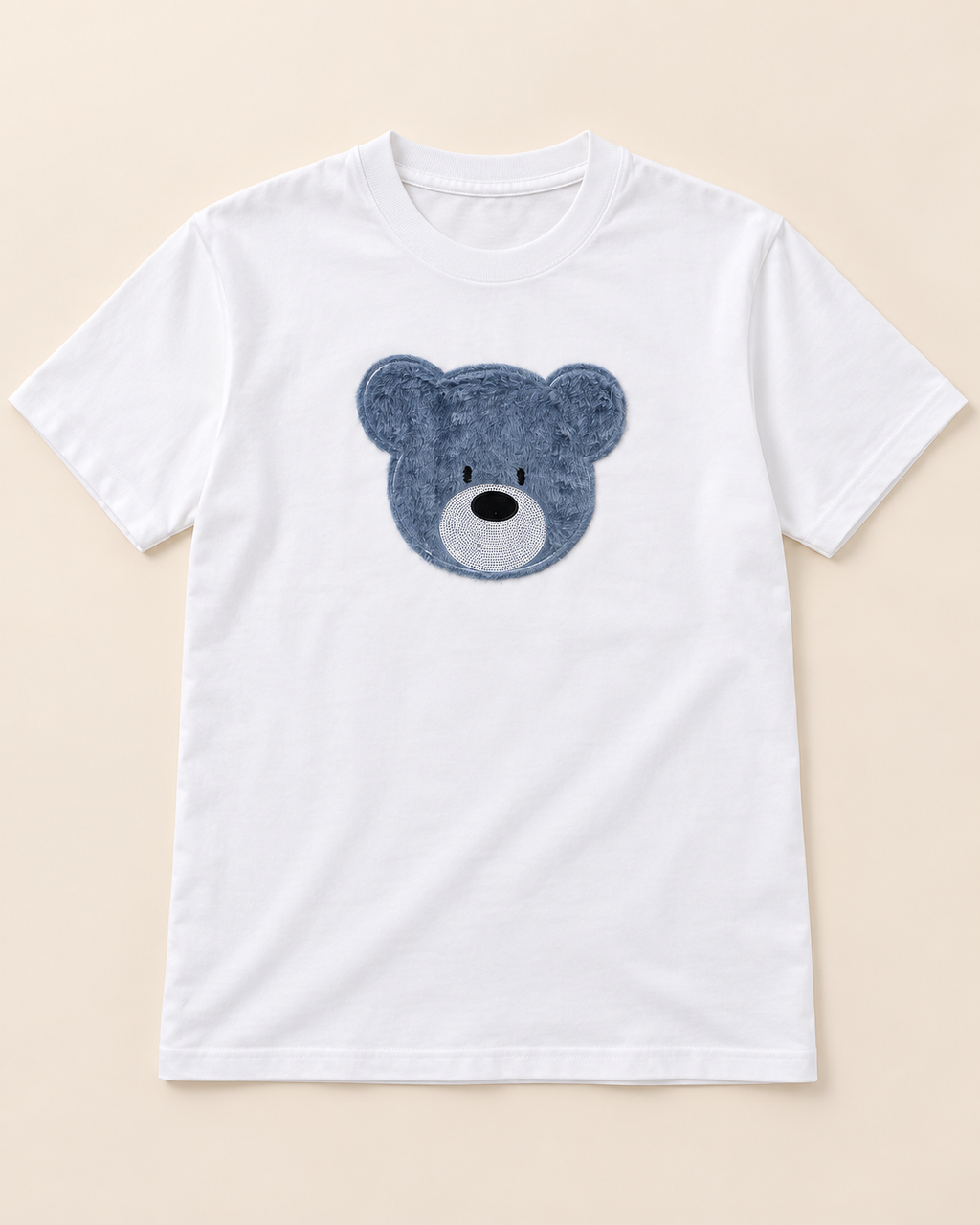 Minimalist Blue Teddy Bear Face Graphic Streetwear T-Shirt - White