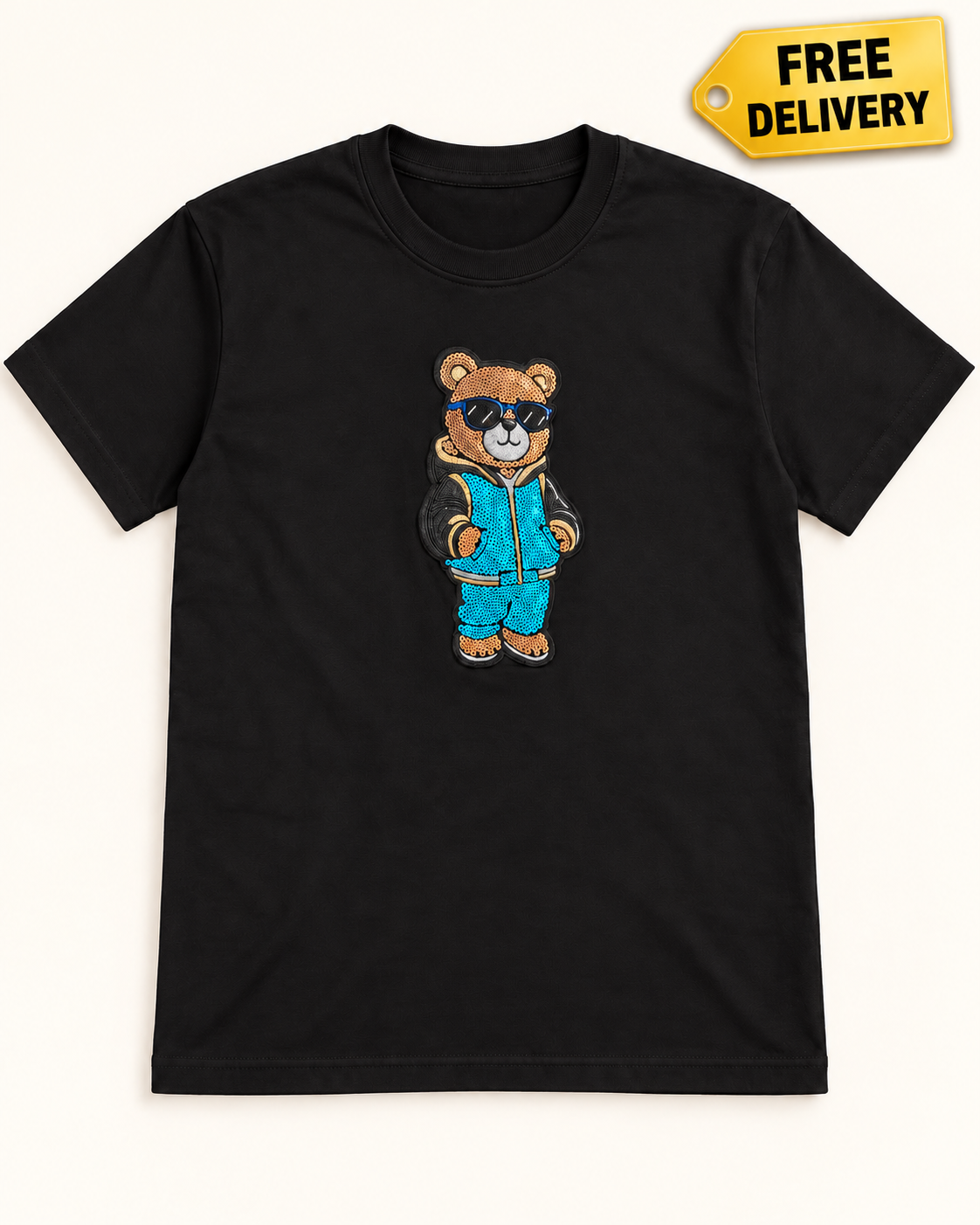 Retro Tracksuit Teddy Bear Graphic Streetwear T-Shirt - Black