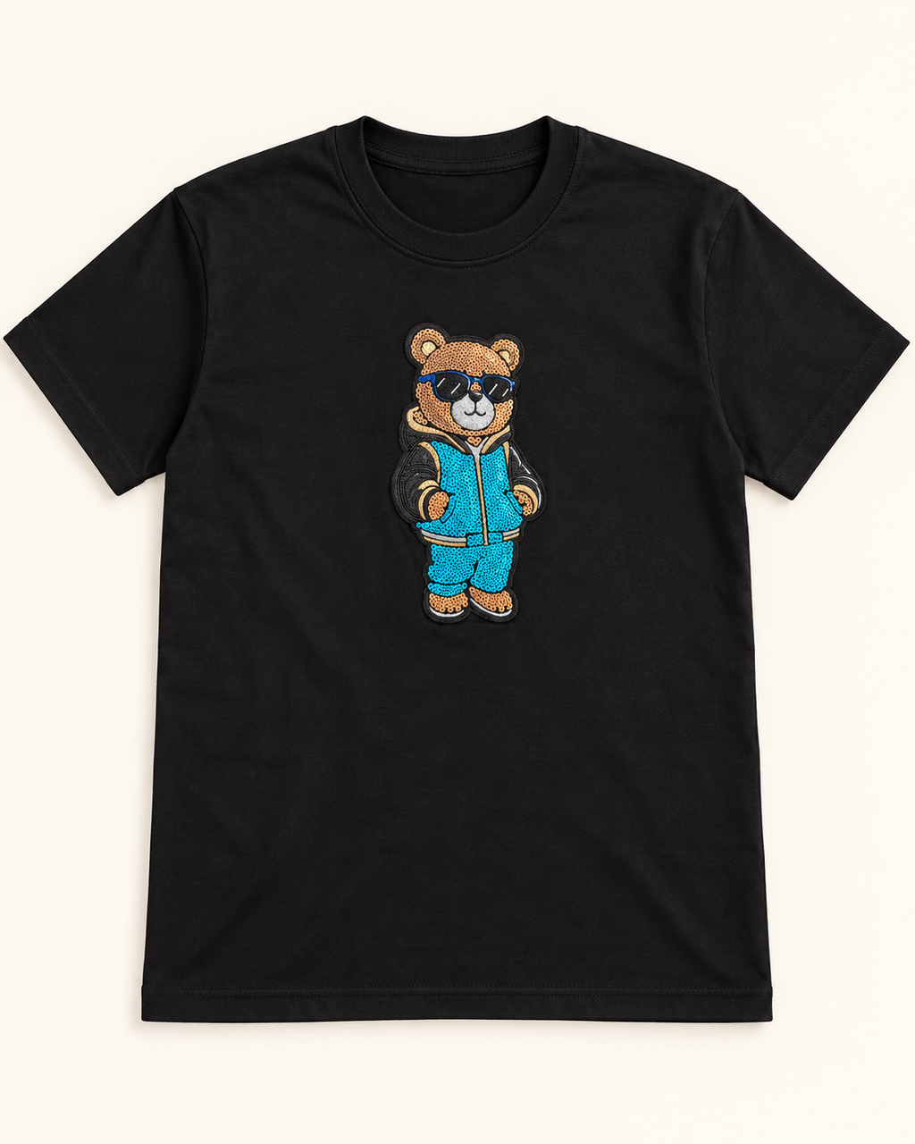 Retro Tracksuit Teddy Bear Graphic Streetwear T-Shirt - Black
