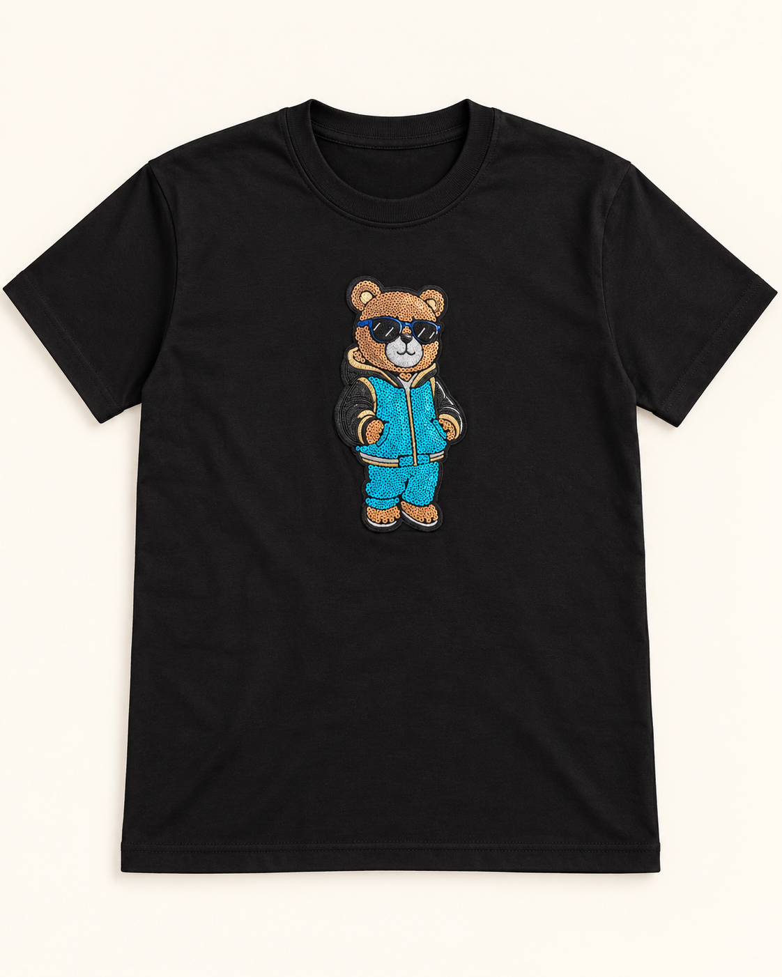 Retro Tracksuit Teddy Bear Graphic Streetwear T-Shirt - Black