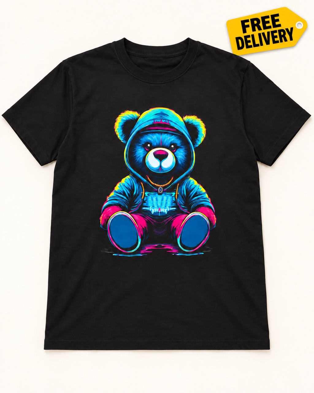 Cyberpunk Neon Hoodie Bear Graphic Streetwear T-Shirt - Black