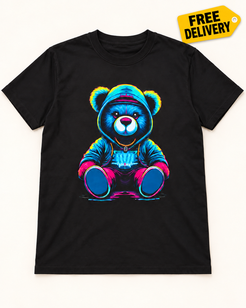 Cyberpunk Neon Hoodie Bear Graphic Streetwear T-Shirt - Black