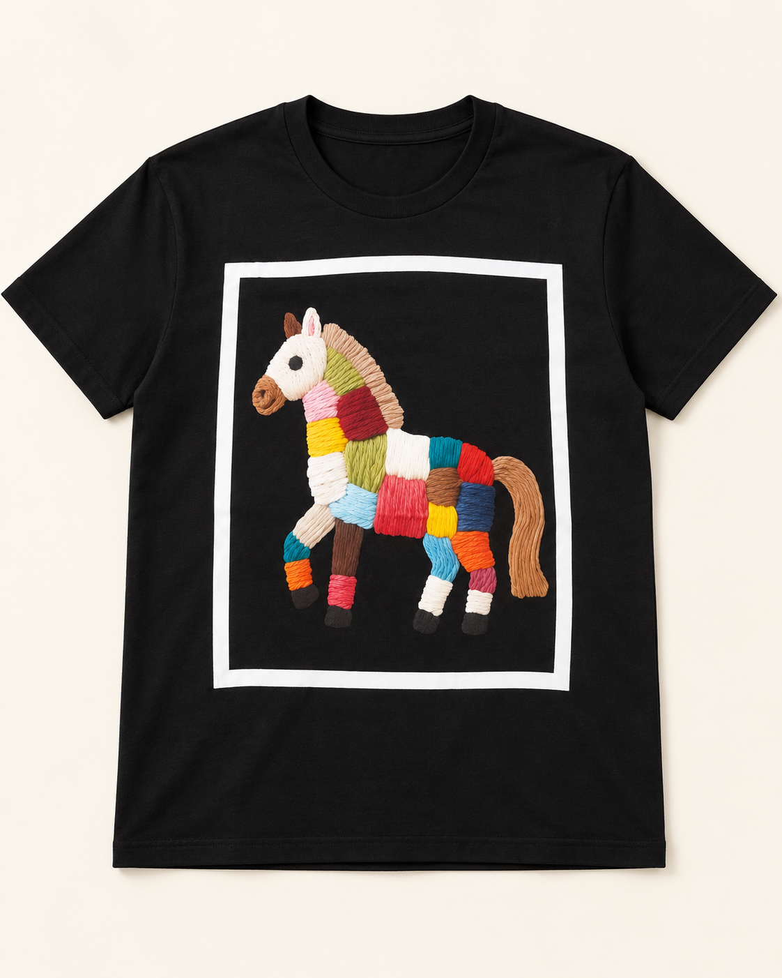 Patchwork-Embroidered Horse Cotton T-Shirt – Black