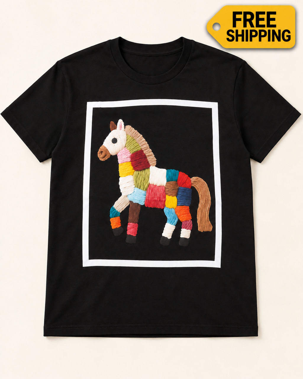 Patchwork-Embroidered Horse Cotton T-Shirt – Black